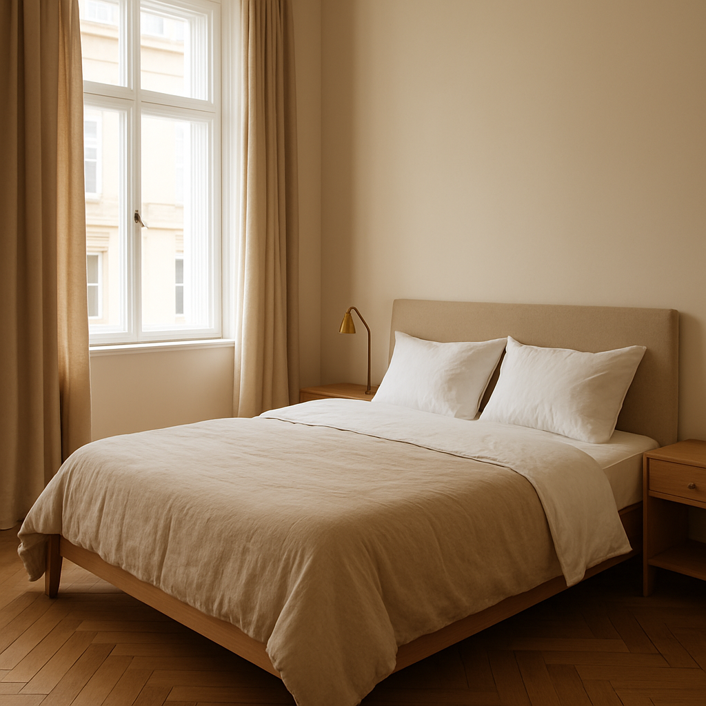 Calm bedroom with linen bedding and morning light