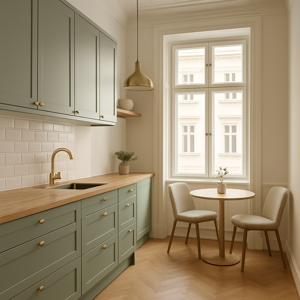 Modern kitchen with sage-green cabinetry and a dining nook
