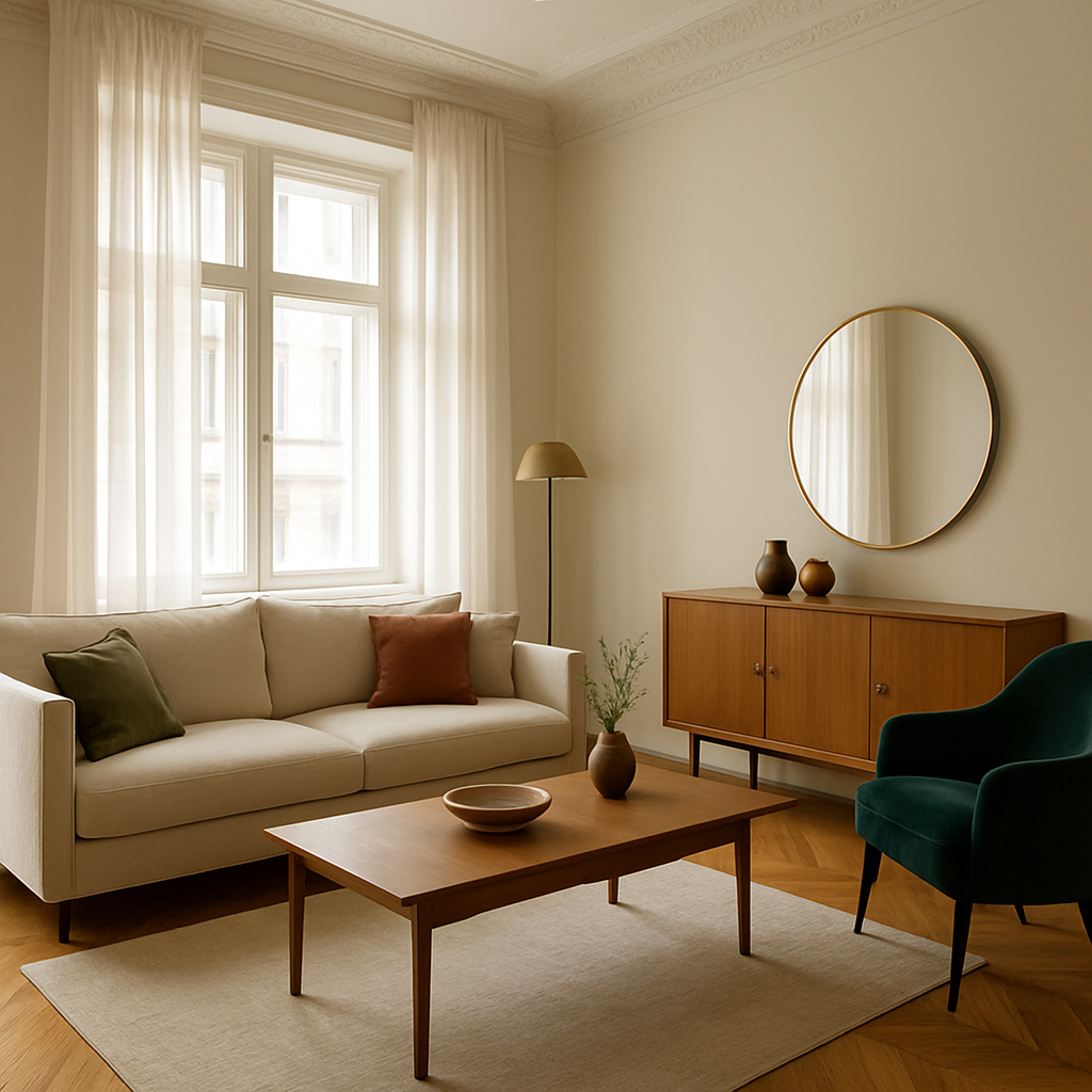Bright living room with high ceilings, parquet floor and a linen sofa
