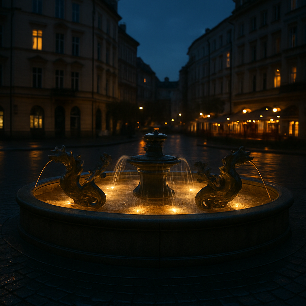 The illuminated dragon fountain at the Americká and Záhřebská roundabout in Vinohrady at dusk, with restaurants glowing nearby