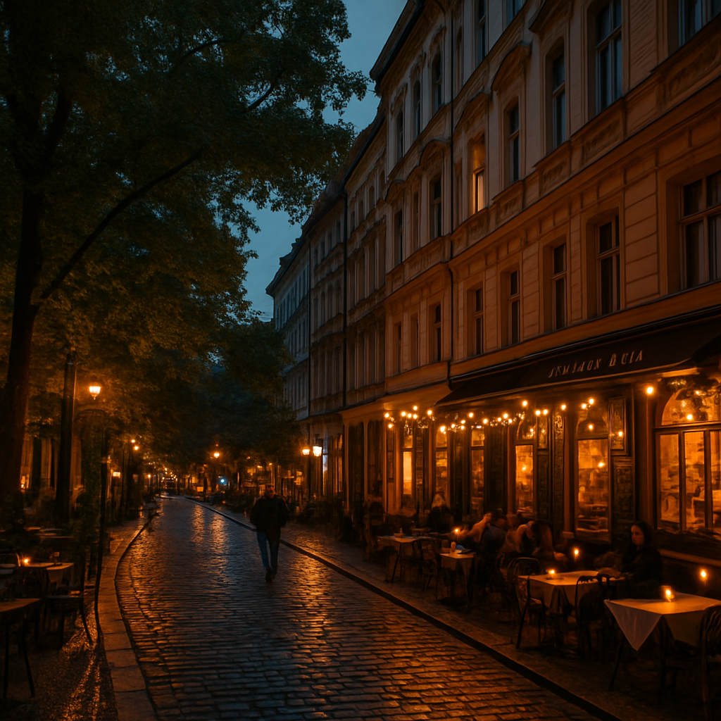 A Vinohrady street in the evening with glowing wine bars and restaurant terraces